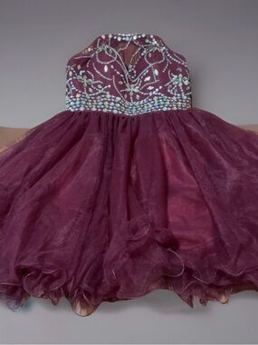 Girls' Wine-Colored Beaded Tulle Party Dress